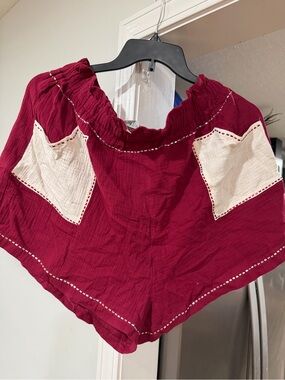 Women's Cranberry Peasant Top with Cream Patch Detail